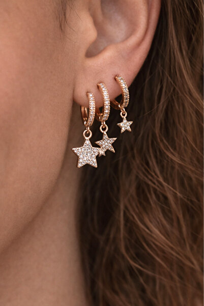 Sacce Scarves&Accessories 18K Rose Gold Üçlü Yıldız Charm Halka Küpe Seti – T...
