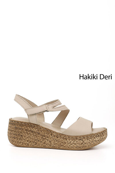 GÖNDERİ(R) Women's Beige Antique Velcro Strap Wedge Heel Genuine Leather Sandals