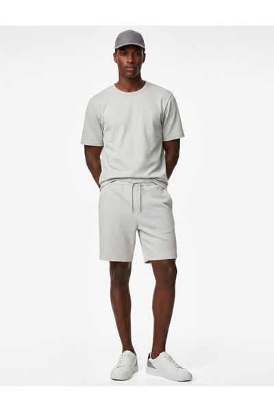 Koton Cotton Pocketed Textured Bermuda Shorts with Lace-Up Waist