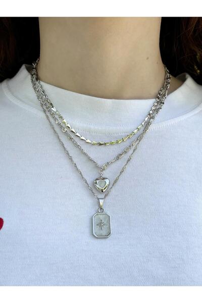 Eylülün Takısı Women's Silver Color 3 Pieces Enamel Heart Chain Necklace Set