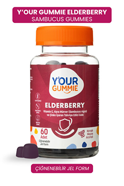 Y'our Gummie Elderberry Sambucus Gummies 60 Adet Kara Mürver C Vitamini ve Çi...