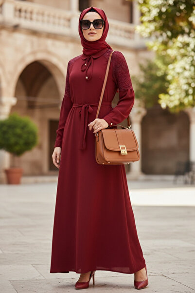 Moda Mistik Uzun Tesettür Elbise Bebe Yaka Bordo 3925mstk