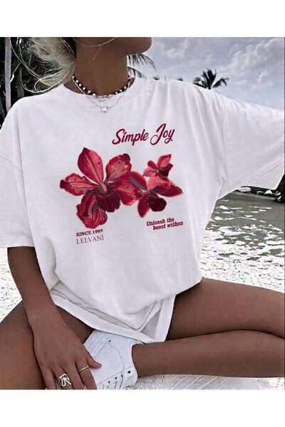 LELVANİ Women's Simple Joy Colorful Flower Printed T-Shirt