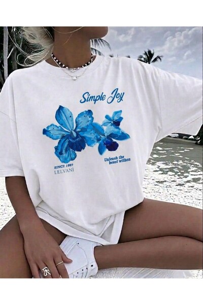 LELVANİ Women's Simple Joy Colorful Flower Printed T-Shirt