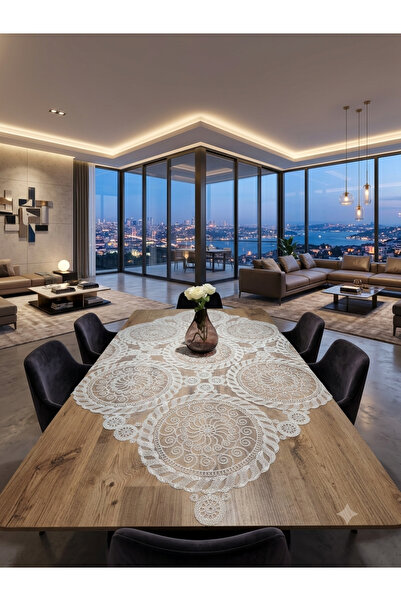 YALINSHOME Lux Fiskos and Tablecloth 95X95Cm (Without Shine-Natural Cordone)