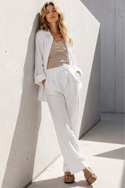 Madmext Weiße Leinenhose mit weitem Bein für Damen MG2021
