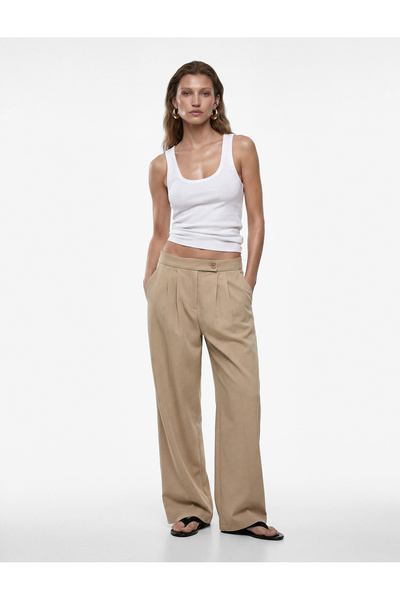 Koton Viscose Cupro Fabric Straight Fit Pocketed Pleated Detailed Straight Wi...