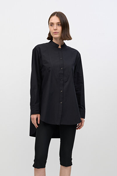 HANIQA Comfortable Fit, High Collar, Long Back Black Shirt