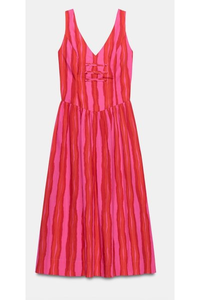 Selene Studıo Sunset Fuşya Çizgili V Yaka Yazlık Maxi Elbise
