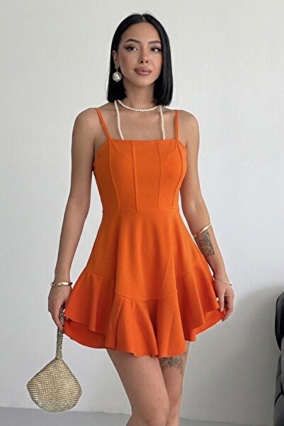 ALFUDO Moda Collection Ince Askılı Eteği Kat Detay Turuncu Abiye Mezuniyet El...