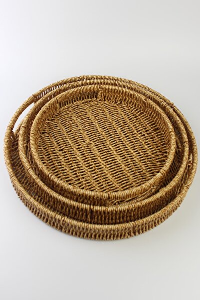 ALBETTO 3 lü Rattan Tepsi Dekoratif Tepsi Hasır Örme Tepsi Yuvarlak Krem