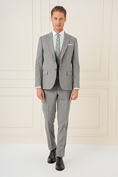 Efor Slim Fit Çift Yırtmaç Kırçıllı Dokuma Haki Yelekli Takım Elbise TK 902