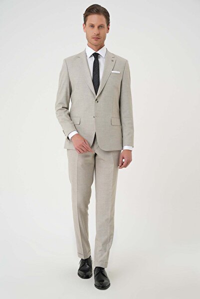 Efor Slim Fit Çift Yırtmaç Dokulu Esnek Klasik Bej Takım Elbise Tk 915