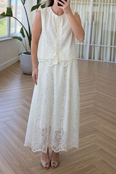 Suziş Beige Lace Look Vest and Skirt Set 39402