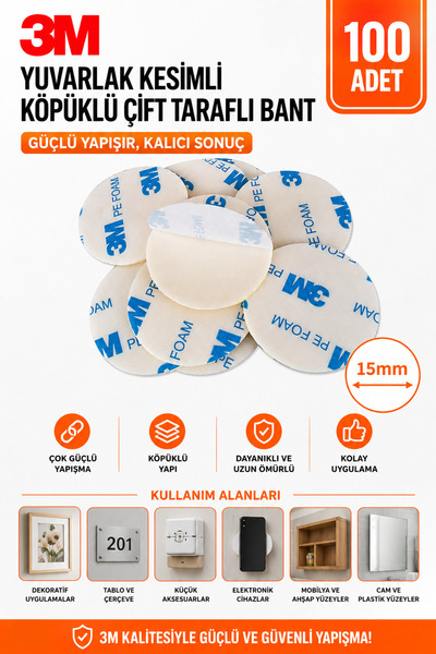 Dünya Magnet 3m Yuvarlak Kesimli Köpüklü Çok Güçlü Çift Taraflı Bant 15 Mm Ça...