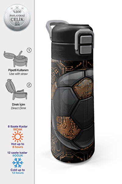 Coral High Kids Football Patterned Steel Thermos with Straw and Direct Drinki...