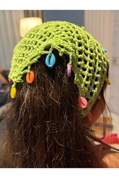 Merishe Jewerly Children's Crochet Bandana with Floral Pattern and Beads, Gre...