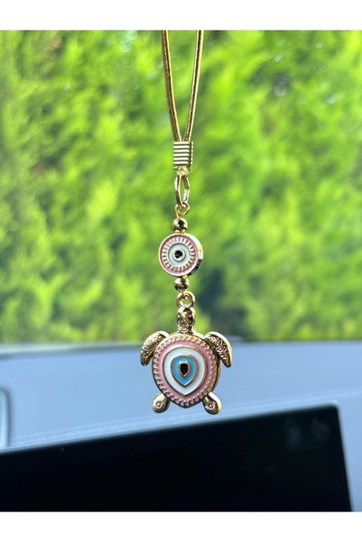 Azrua Gilded Pink Turtle Metal Evil Eye Beaded Car Mirror Ornament Car Amulet Evil Eye Protection