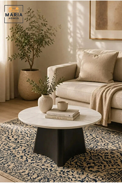 MARIA HOMES طاولة قهوة دائرية من الرخام الحديث بقاعدة سوداء غير لامعة 80*46