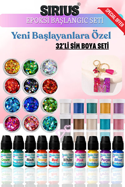 Sirius Hobi Epoksi Reçine Başlangıç Seti–32 Parça Renkli Pigment+Mica Toz + S...