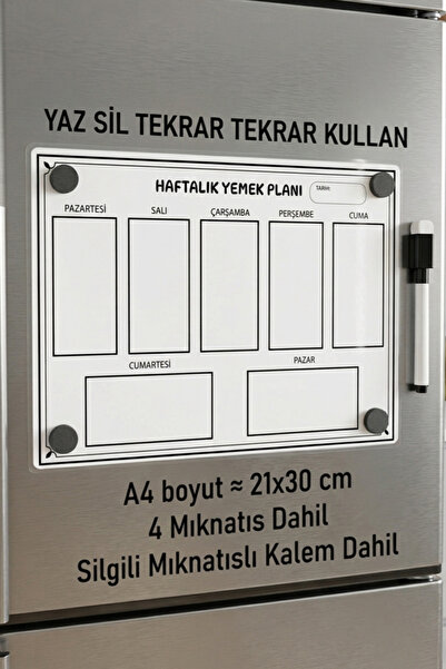 URDE Yaz Sil Haftalık Yemek Planı Magnet A4–Buzdolabı İçin Manyetik Menü Plan...