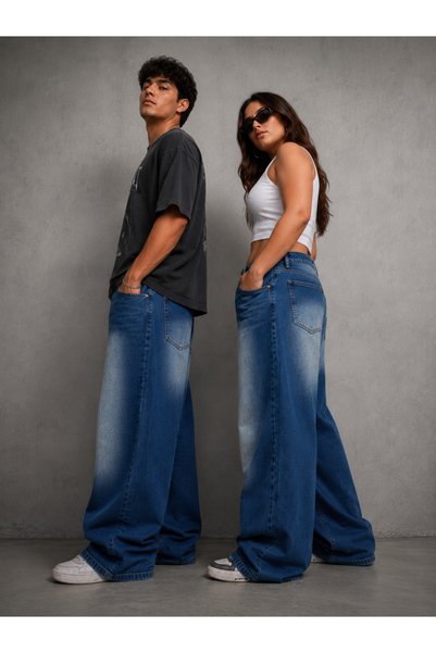 St.Poll Antique Blue Washed Unisex Large Size Baggy Jeans