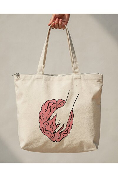 buzagi tasarım ürünleri Brain Zippered Lined Gusseted Canvas Bag 35 X 40 cm