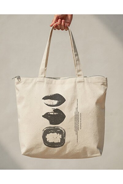 buzagi tasarım ürünleri Lips Zippered Lined Gusseted Canvas Bag 35 X 40 cm