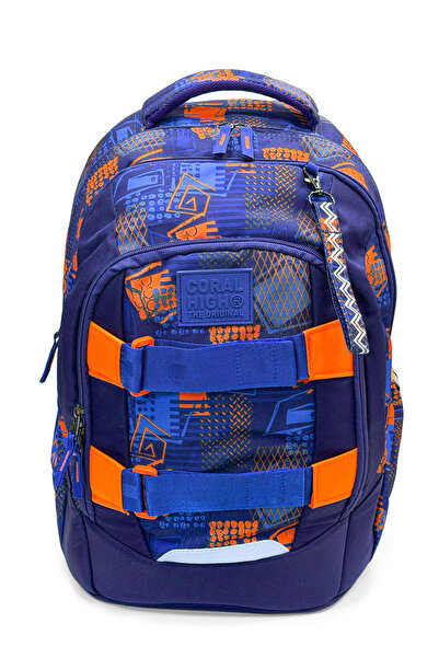Coral High Navy Blue Orange Color Patterned School Backpack 24439