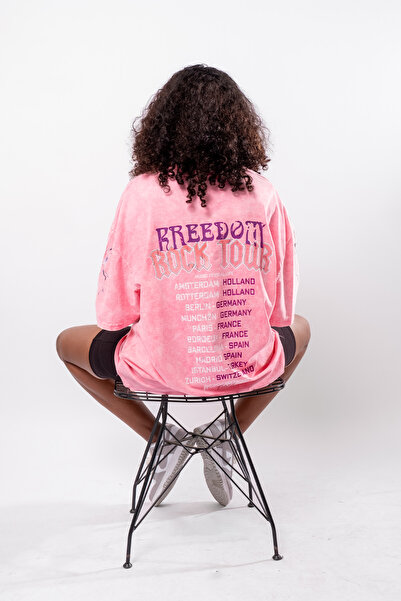 Sekizbiraltı Tricou unisex oversize, lavabil, roz, cu imprimeu Freedom Rock Tour