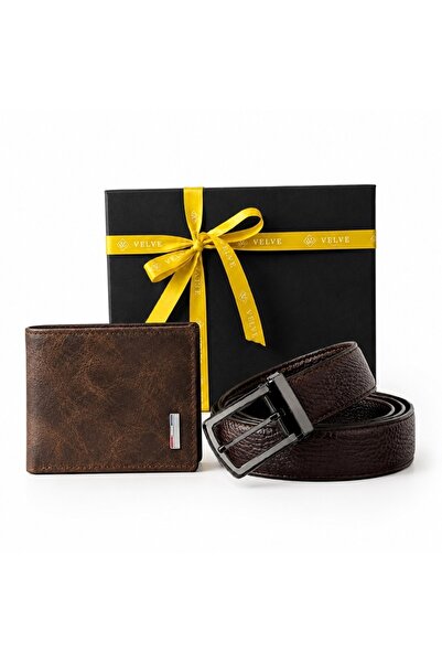 velve Set premium pentru barbati Cognac Edition, cu portofel bifold texturat ...