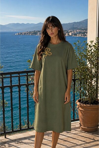 GZ Design Gold Işlemeli Yeşil Penye Oversize Elbise