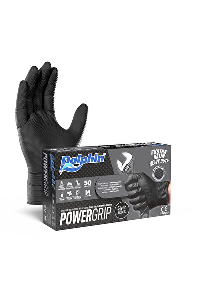 Dolphin PowerGrip (M) Ekstra Kalın Siyah Nitril Eldiven Elmas Dokulu M Beden ...