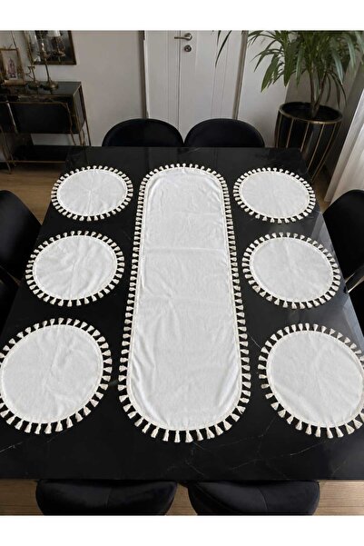 Deko Dekor 35x90 Püsküllü Keten Runner & 6'lı Püsküllü Supla Seti Toplam 7 Pa...