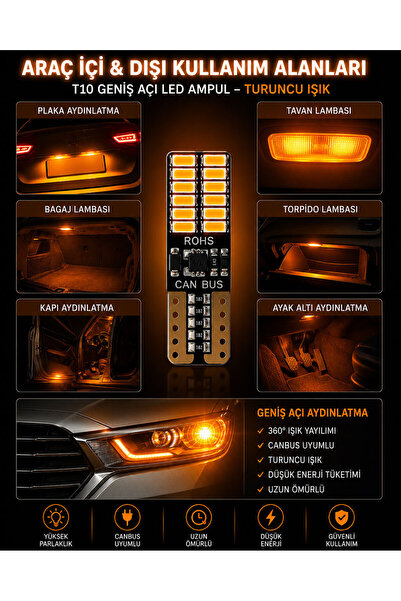 Bigohobi Oto 24LED Ampul 2'li Set, T10 Model 12V Turuncu Işık, Fren, Park, Si...