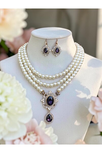 FAYRA ACCESSORIES Mor Kristal Taşlı İnci Kolye ve Küpe Seti