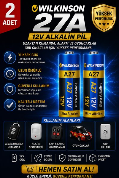 ANI OFİS KIRTASİYE A K 2 Adet 27A 12V Alkalin Pil Uzaktan Kumanda, Alarm Ve O...