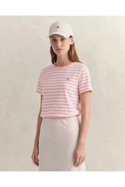 Gant Kadın Pembe Bisiklet Yaka Regular Fit Çizgili T-Shirt