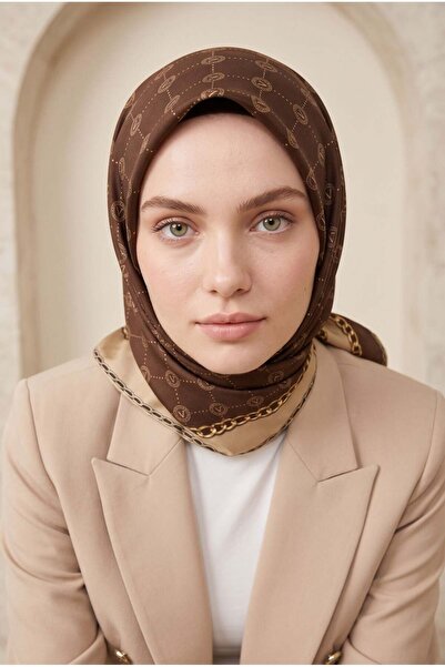 Vissona %100 Twill İpek Zincirli Ve Monogram Desenli Sütlü Kahve - Bej Renkli...