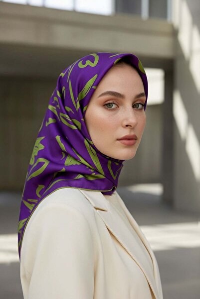 Vissona %100 Twill İpek Büyük Çiçek Desenli Mor - Haki Renkli 90x90 Eşarp Dik...