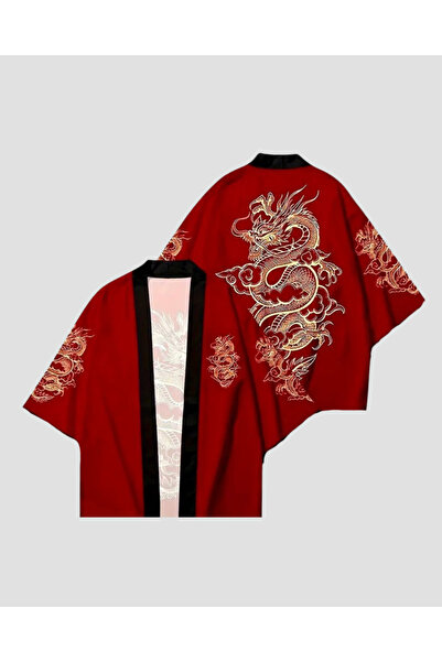 Toum Dragon Design Red Black Detailed Unisex Kimono