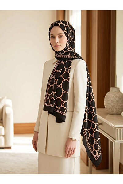 Vissona KREP GEOMETRİK DESENLİ SİYAH - SOMON RENKLİ 75X195 KIRIŞMAZ ŞAL