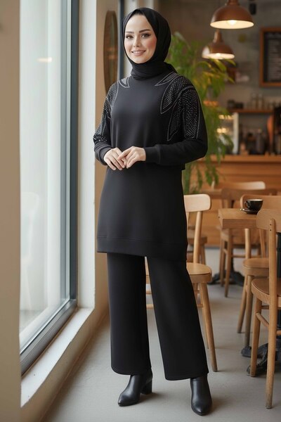 Generic Brand Stone Detailed Modal Double Suit - 28045-Black