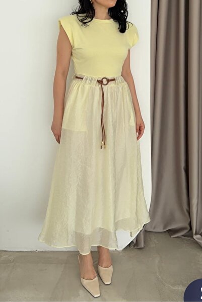 Suziş Dress with Yellow, Cotton, Garnishes and Leather Belt 0103