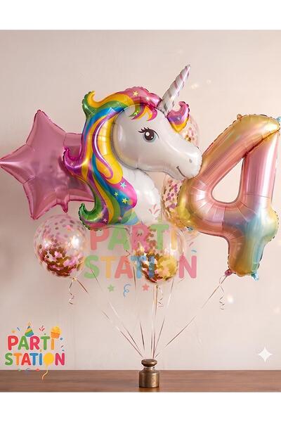 Parti Station Unicorn Gökkuşağı 4 Yaş Folyo Balon Set Konsept Doğum Günü Set ...