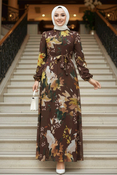 Neva Style فستان حجاب بني منقوش بالزهور 27942KH
