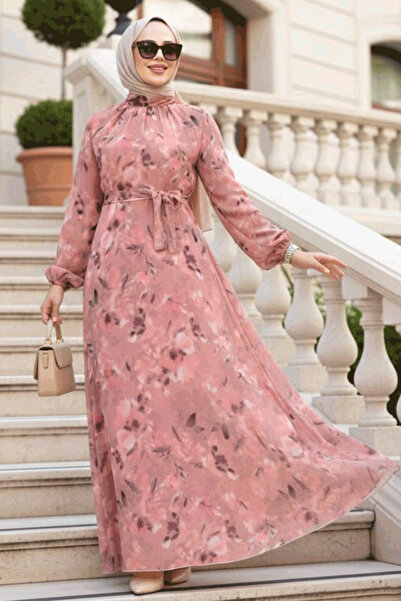 Neva Style Floral Patterned Dark Salmon Hijab Dress 27987Ksmn
