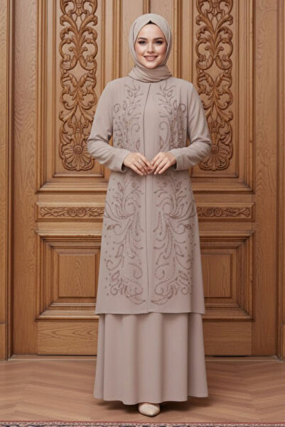 Neva Style Beaded Embroidered Beige Hijab Abaya 29121Bej