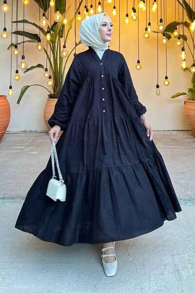 N.S NEVA STYLE Rochie Hijab neagră plisată în straturi 10002S