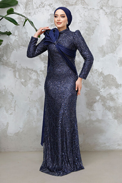 Neva Style Beading Embroidered Navy Blue Hijab Evening Dress 50541L